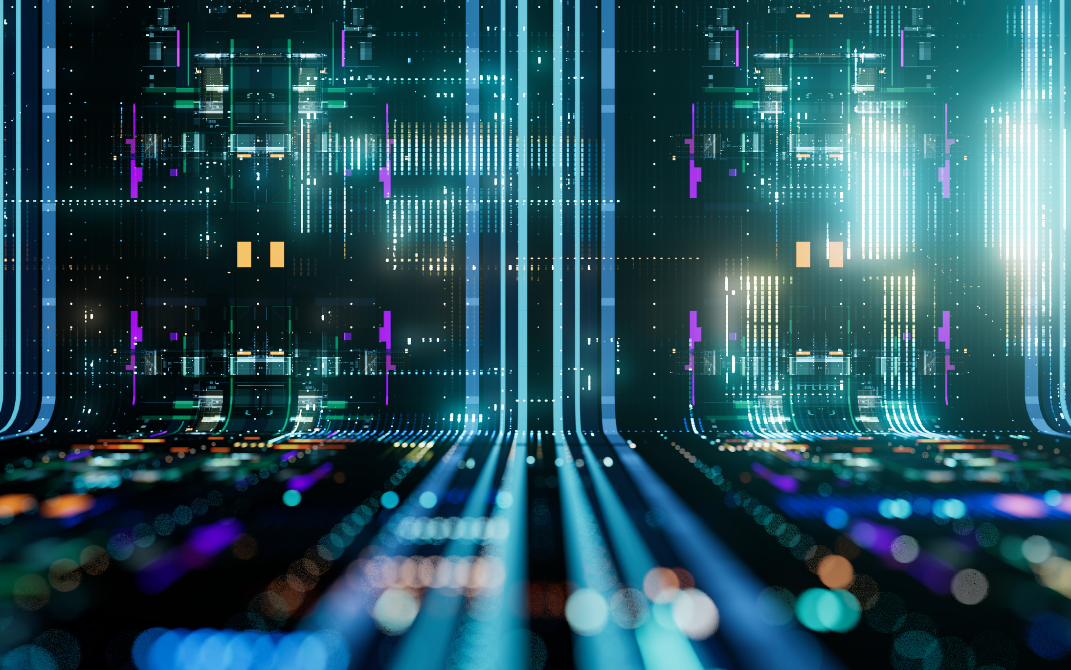 Leuchtende Datenleitungen in futuristischem Serverraum mit digitaler Netzwerkstruktur.